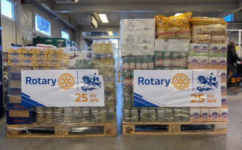 Doi europaleți de alimente de bază donați de Rotary Centrului Zathurecky Berta